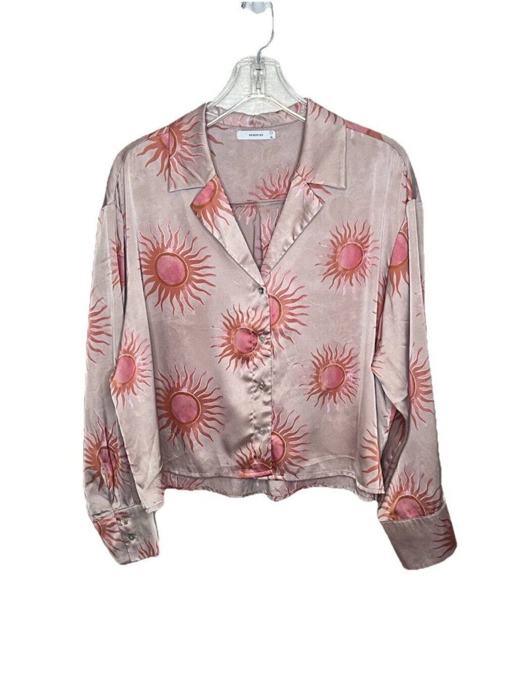 Reserved Womens XL Satin Sun Print Button Front Blouse Pink Long Sleeve Cropped